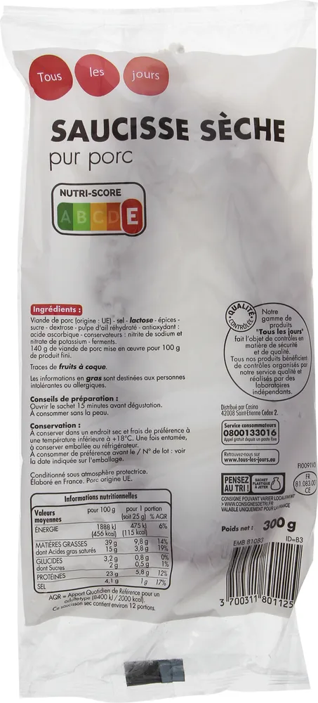 Saucisse sèche pur porc