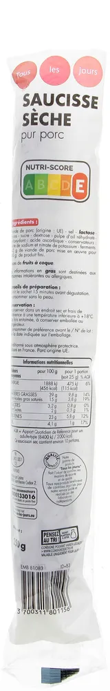 Saucisse sèche pur porc