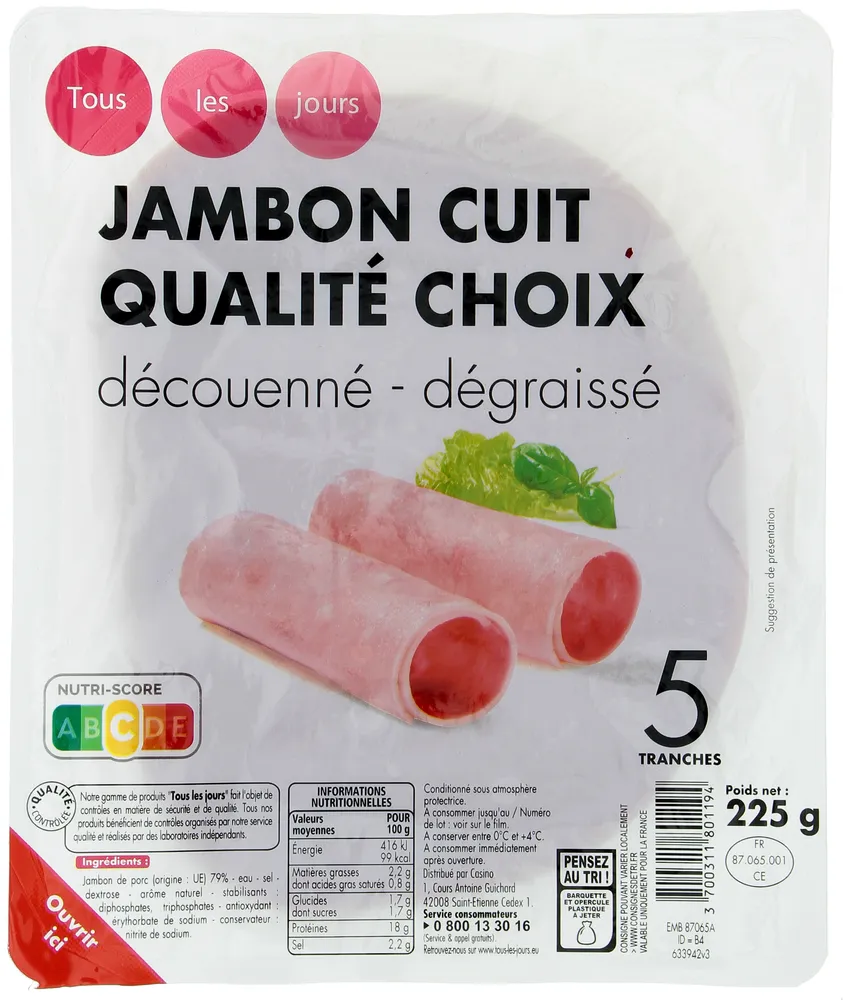 JAMBON CUIT QUALITE CHOIX découenné dégraissé 5 tranches