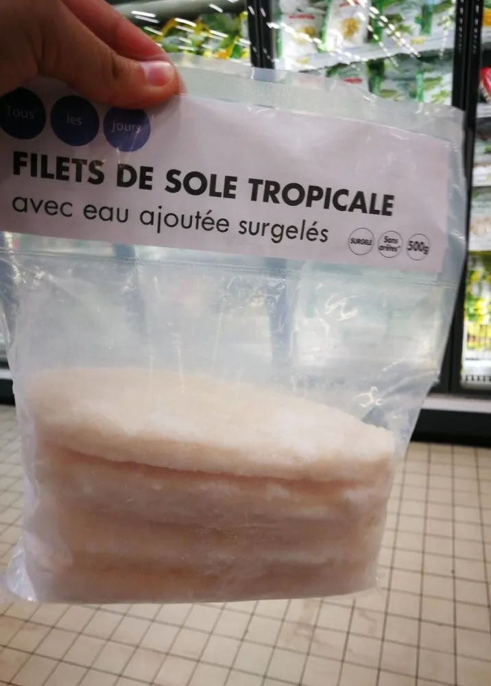 Filets de sole tropicale avec eau ajoutée surgelés sachet + rider