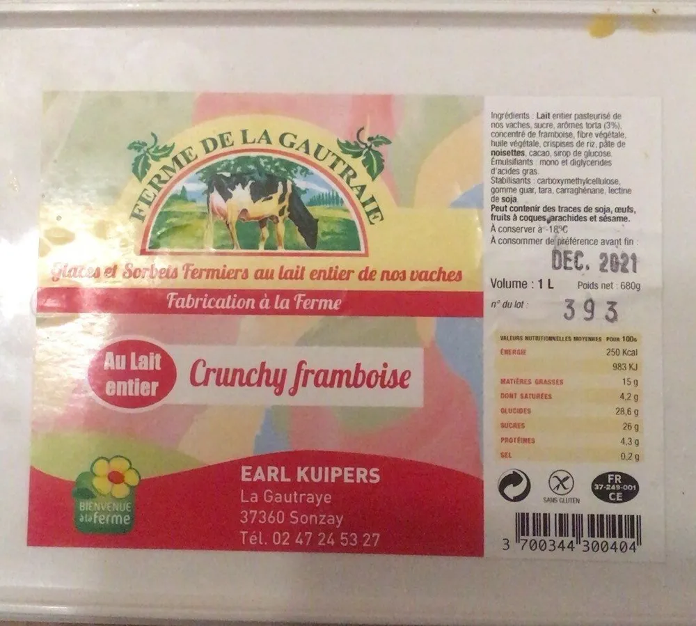 Glace Crunchy framboise au lait entier