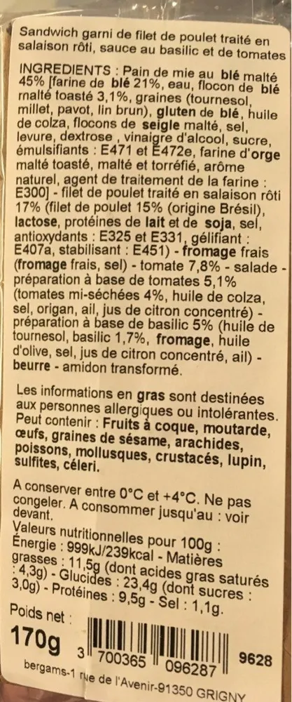 Club poulet tomates pesto