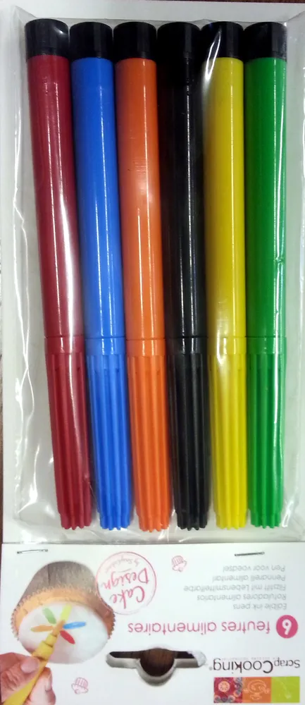 Feutres alimentaires (rouge, orange, jaune, vert, bleu, noir)