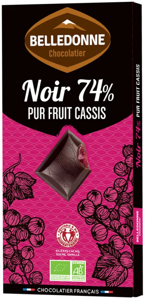 Tablette chocolat noir 74% pur fruit cassis