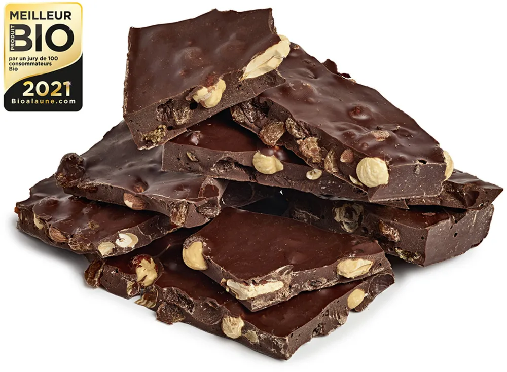 Tablette à casser chocolat noir 57% amandes noisettes raisin