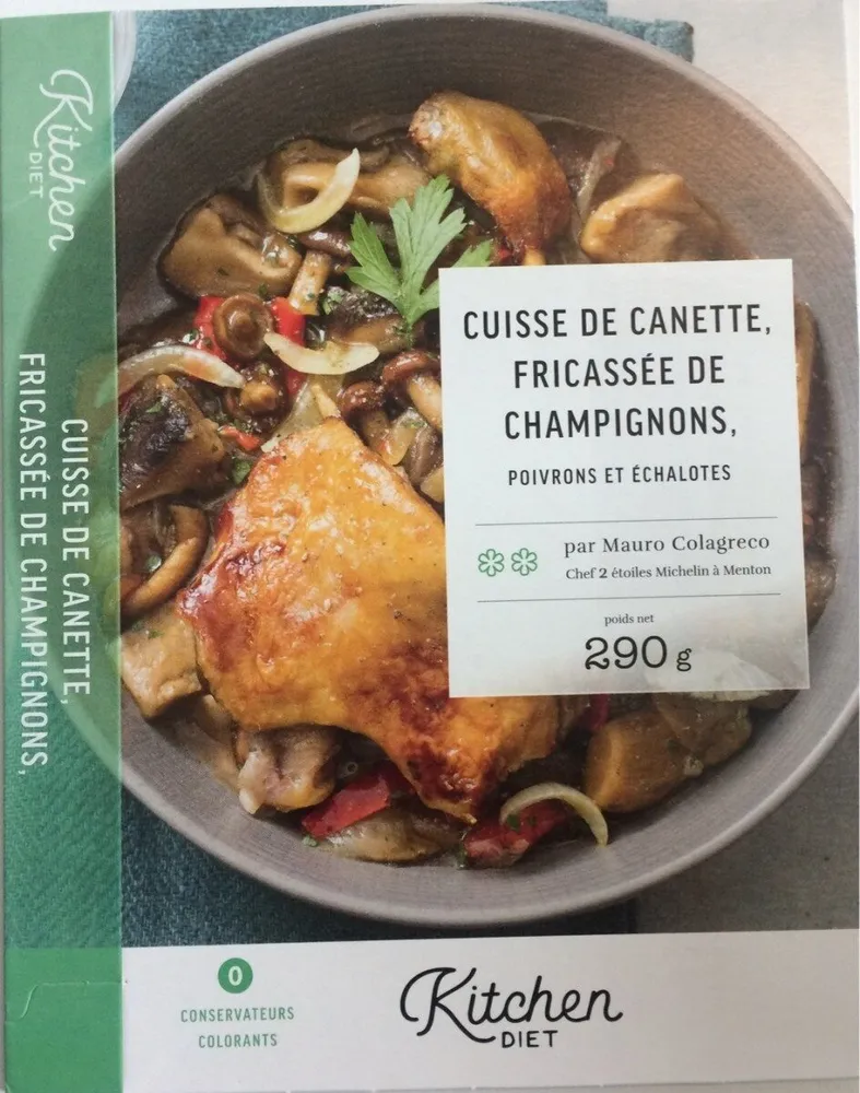 Cuisse de canette, fricassée de champignons, poivrons et échalotes