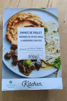 Emincé de poulet houmous de patate douce et aubergines grillees