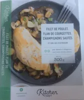 Filet de poulet, flan de courgettes, champignons sautés et son jus d'estragon