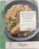 Risotto d'épeautre aux courgettes et butternut & filet de poulet aux noisettes torréfiées