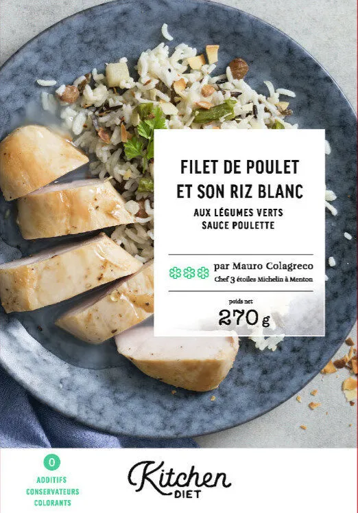 Filet de poulet et son riz blanc aux légumes verts sauce poulette