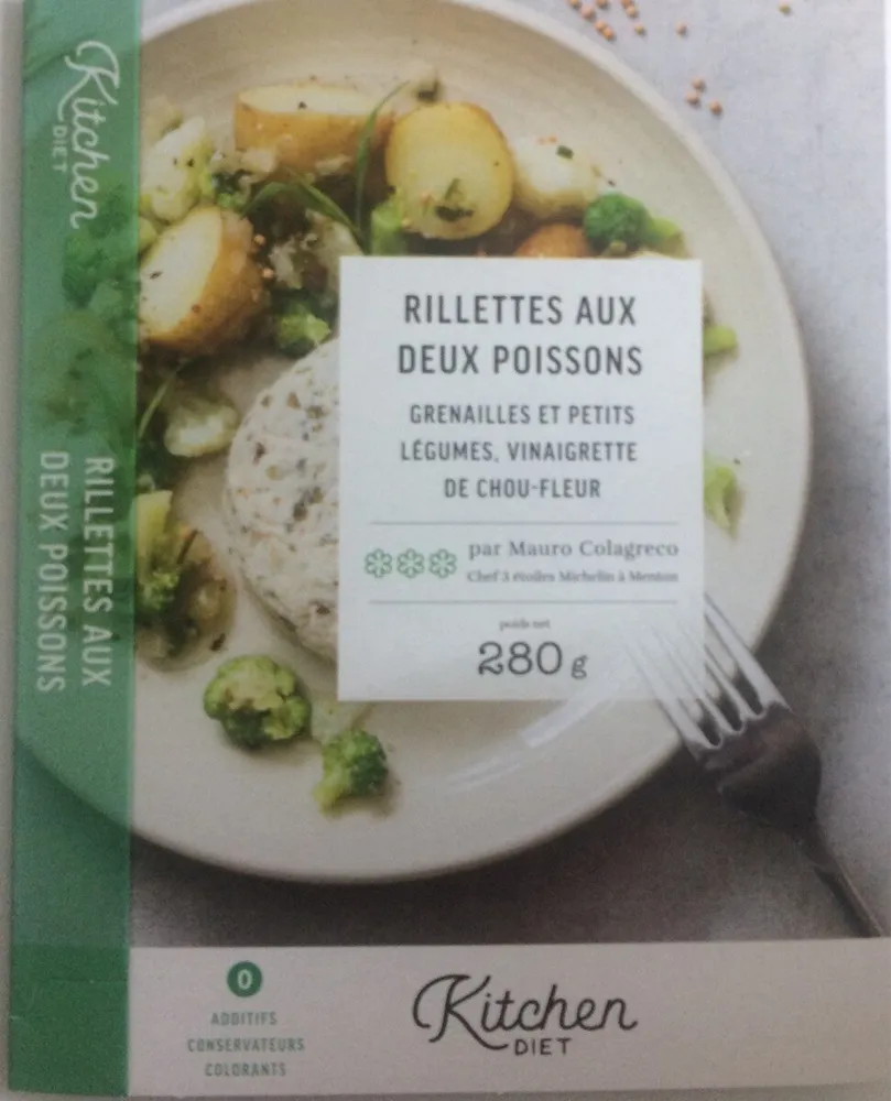 Rillettes aux 2 poissons, grenailles et petits légumes, vinaigrette de chou-fleur