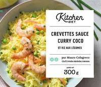 Crevettes sauce Curry Coco et riz aux légumes