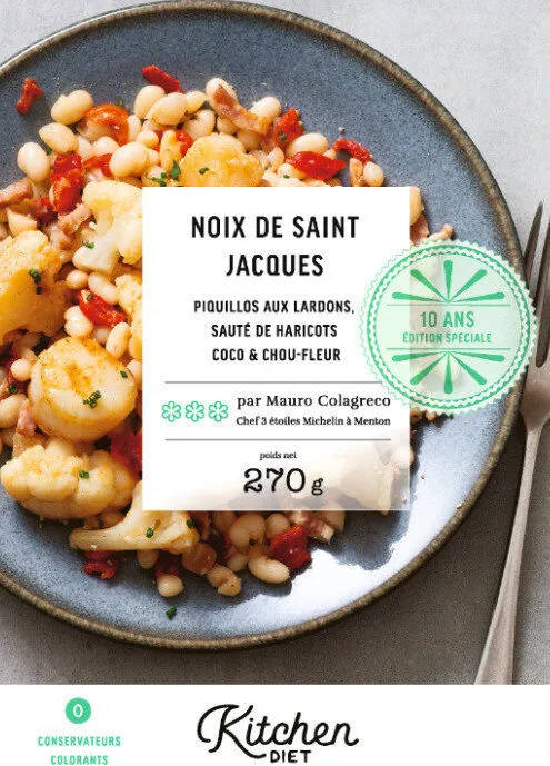 Noix de Saint Jacques, piquillos aux lardons, sauté de haricots coco & chou-fleur