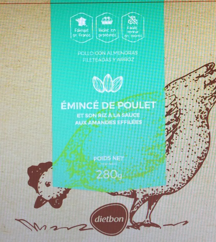 Emincé de poulet et son riz à la sauce aux amandes effilées.