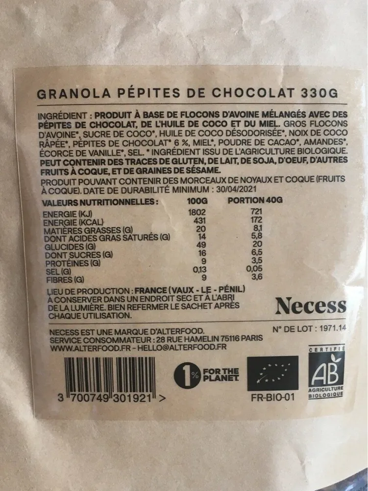 Granola pepites de chocolat 330G