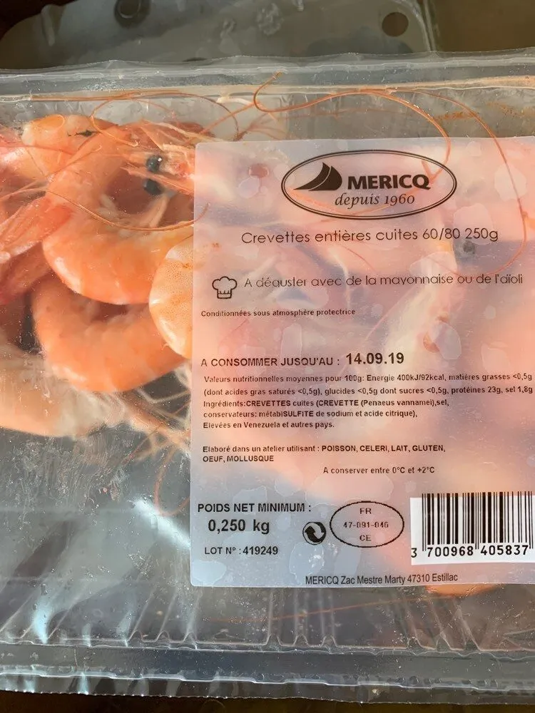 Crevettes entières cuites 60/80