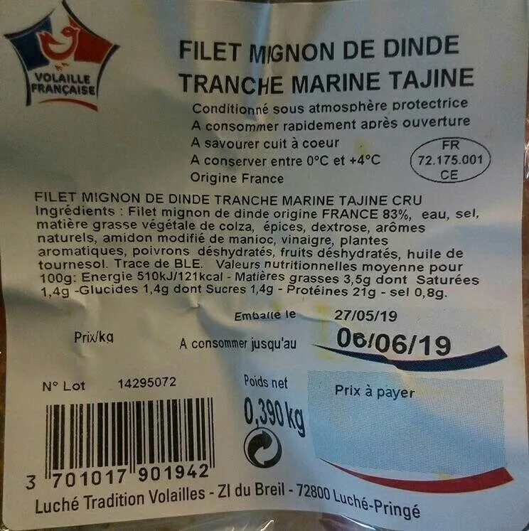 Filet mignon de dinde tranchée marinée Tajine