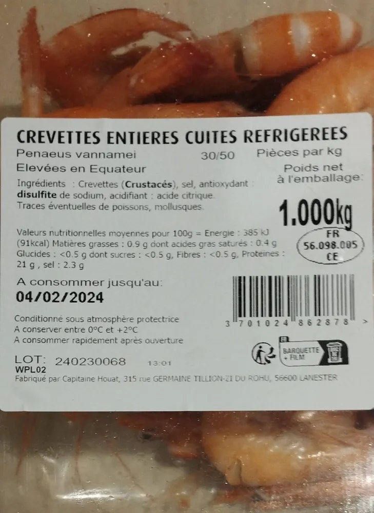 Crevettes entières refrigées