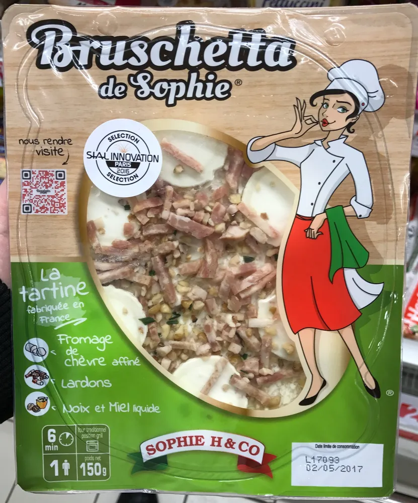 Bruschetta de Sophie Fromage de chèvre affiné Lardons