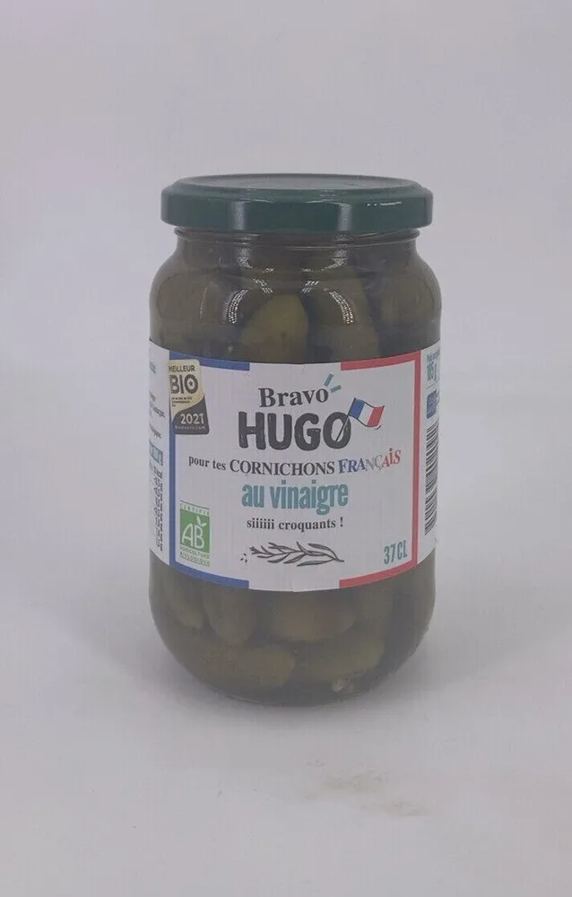 CORNICHONS BRAVO HUGO TRES FINS VINAIGRE 350 G, 185g égoutté