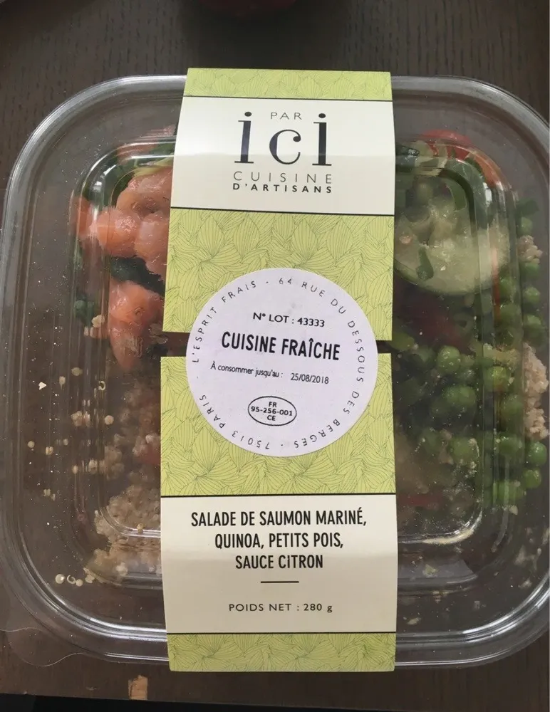 Salade de saumon mariné, quinoa, petits pois sauce citron