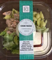 Salade, saumon au pavot, conchiglie, tomate