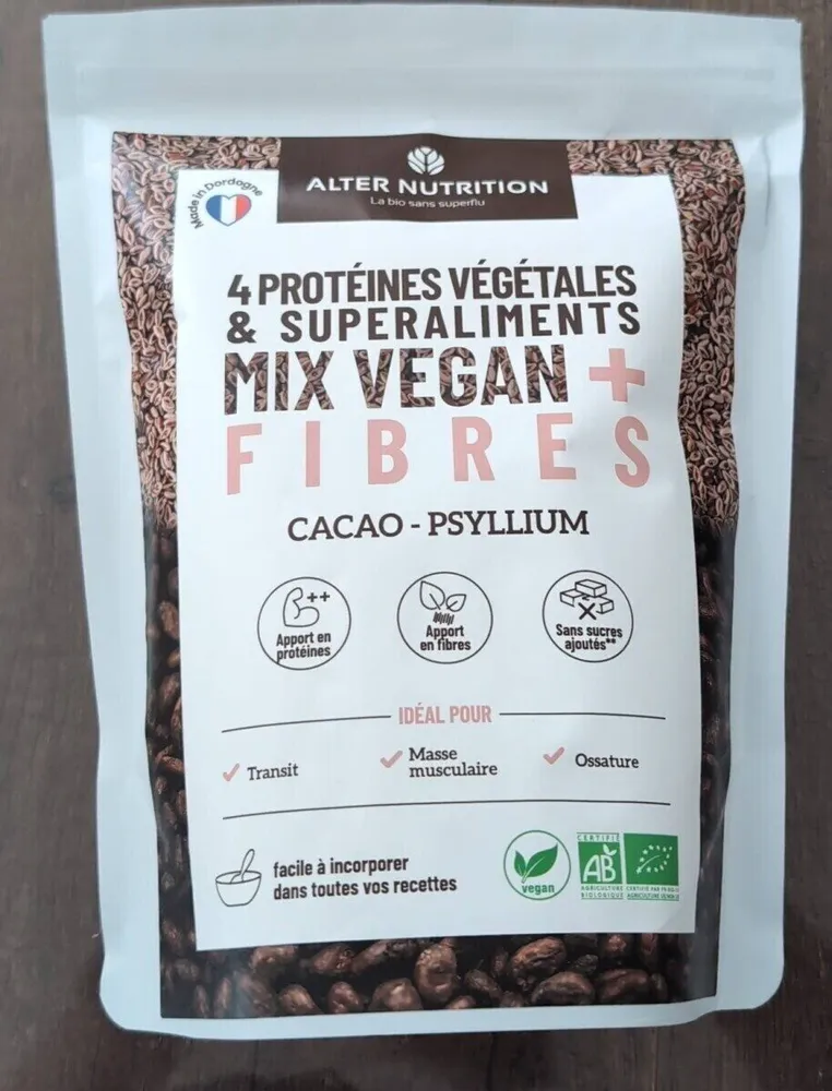 4 PROTÉINES VÉGÉTALES & SUPERALIMENTS MIX VEGAN + FIBRES CACAO - PSYLLIUM