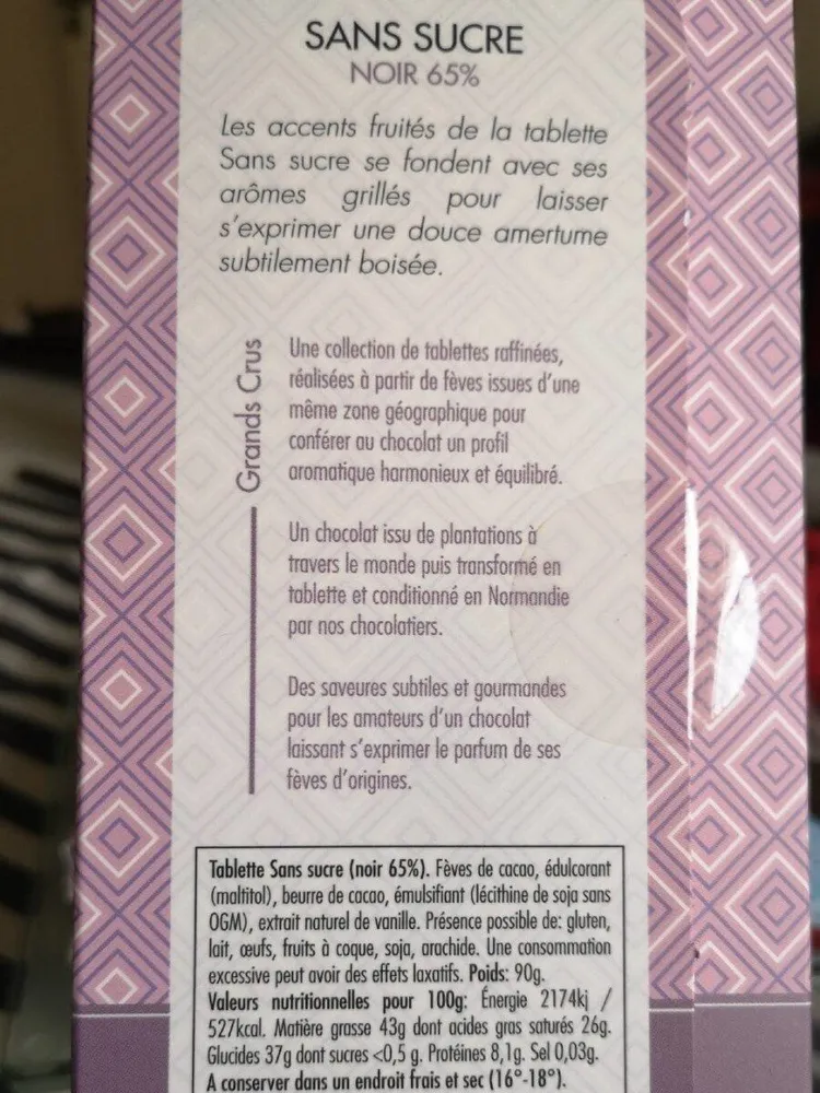 Chocolat sans sucre noir 65%
