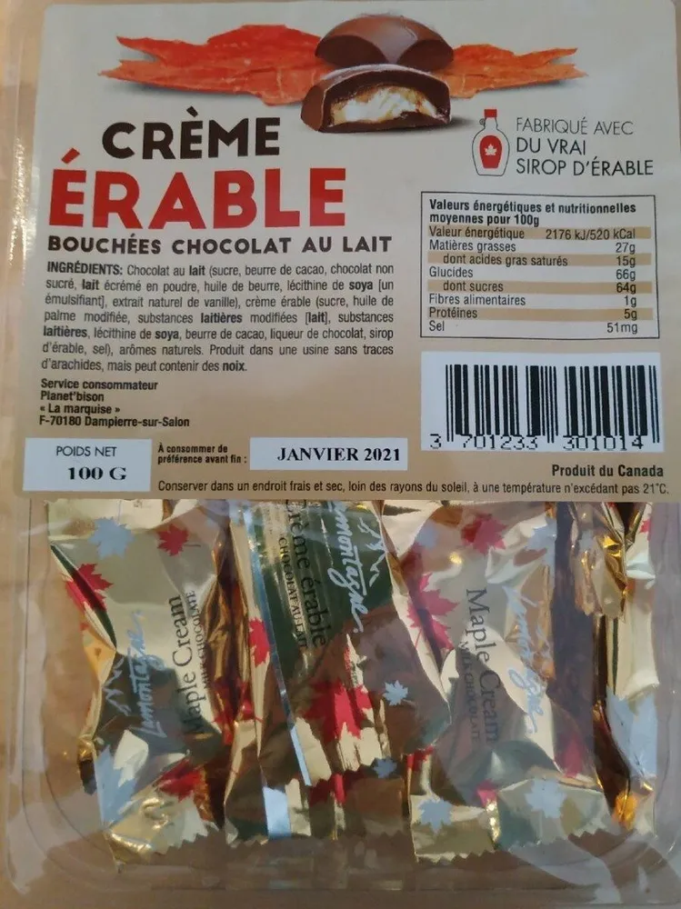 Crème d'érable bouchées chocolat au lait
