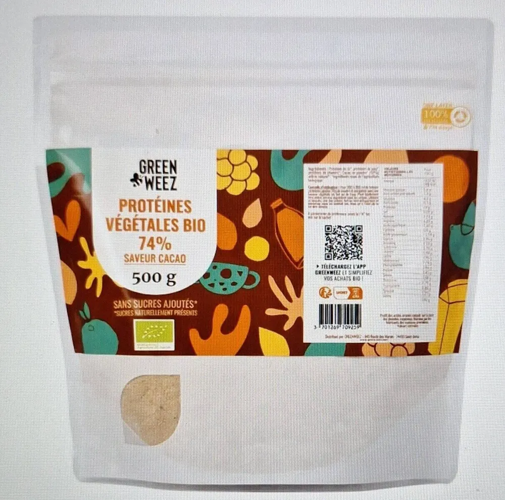 Protéines bio 74% saveur cacao 500g
