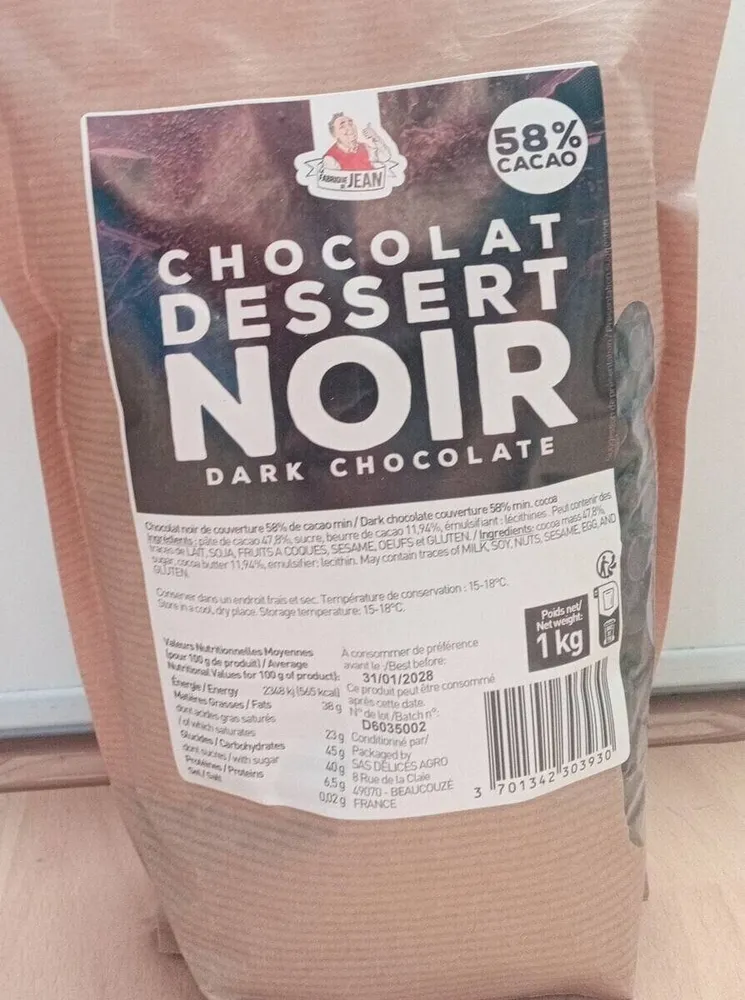 Chocolat noir de couverture 58% de cacao min