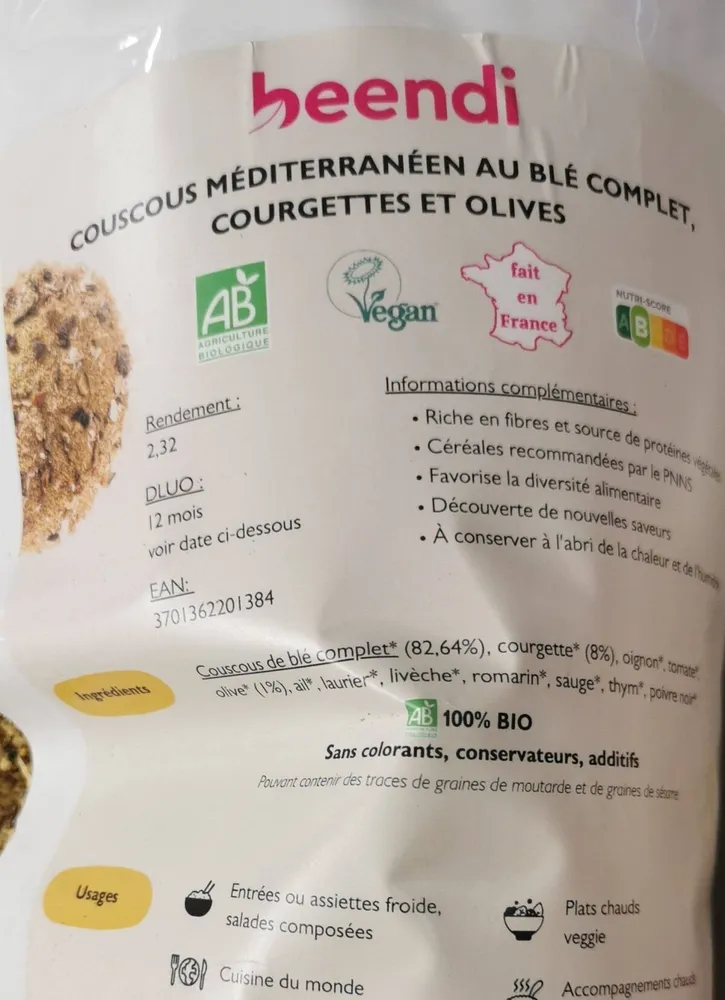 Couscous méditerranéen au blé complet courgette et olive