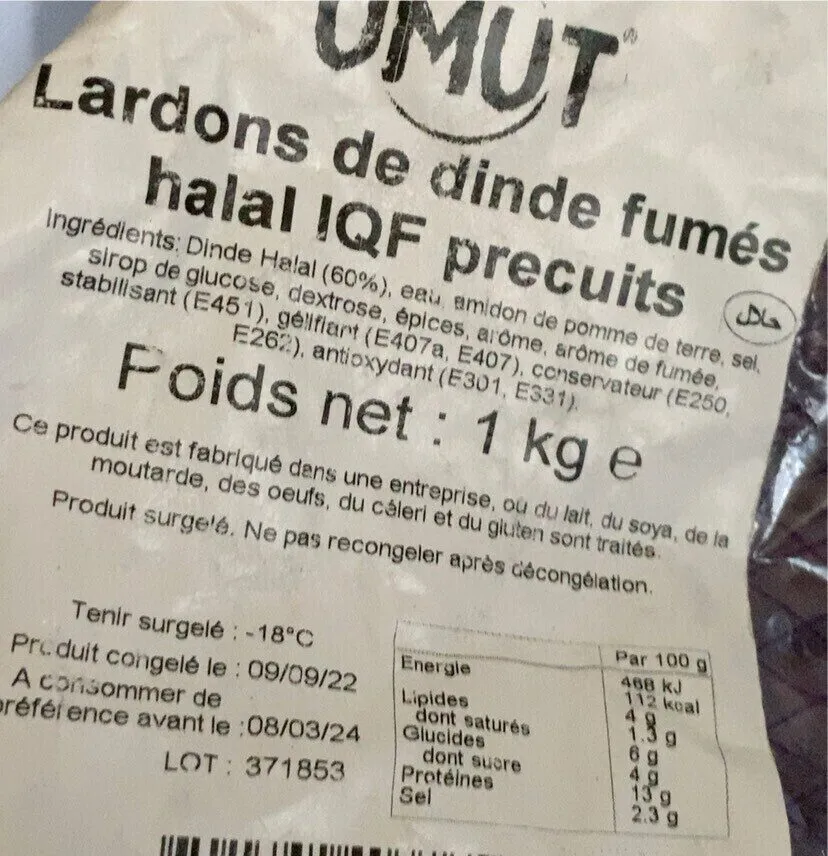 Lardon de dinde fumés hala IQF précuits