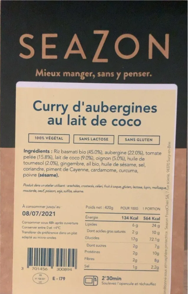 Curry d’aubergines au lait de coco