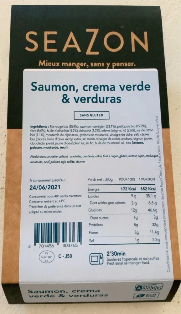 Saumon, crema verde&verduras