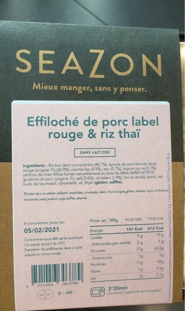 Effiloché de porc label rouge & riz thaï