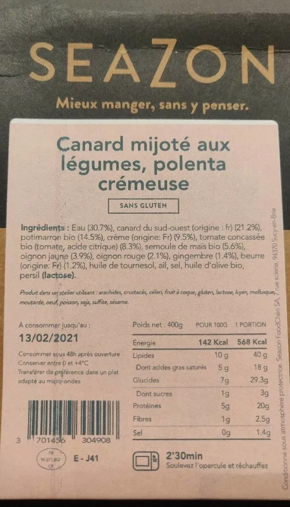 Canard mijoté aux légumes, polenta crémeuse