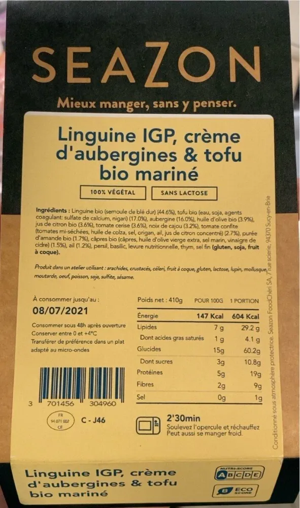 Linguine IGP, crème d’aubergines & tofu bio mariné