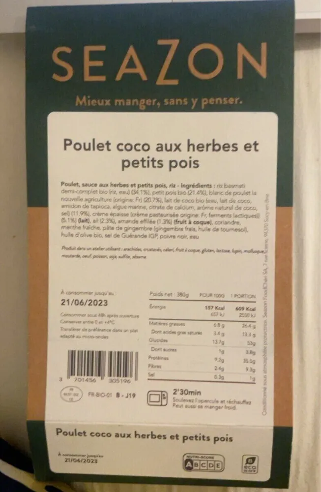 Poulet coco aux herbes et petits pois