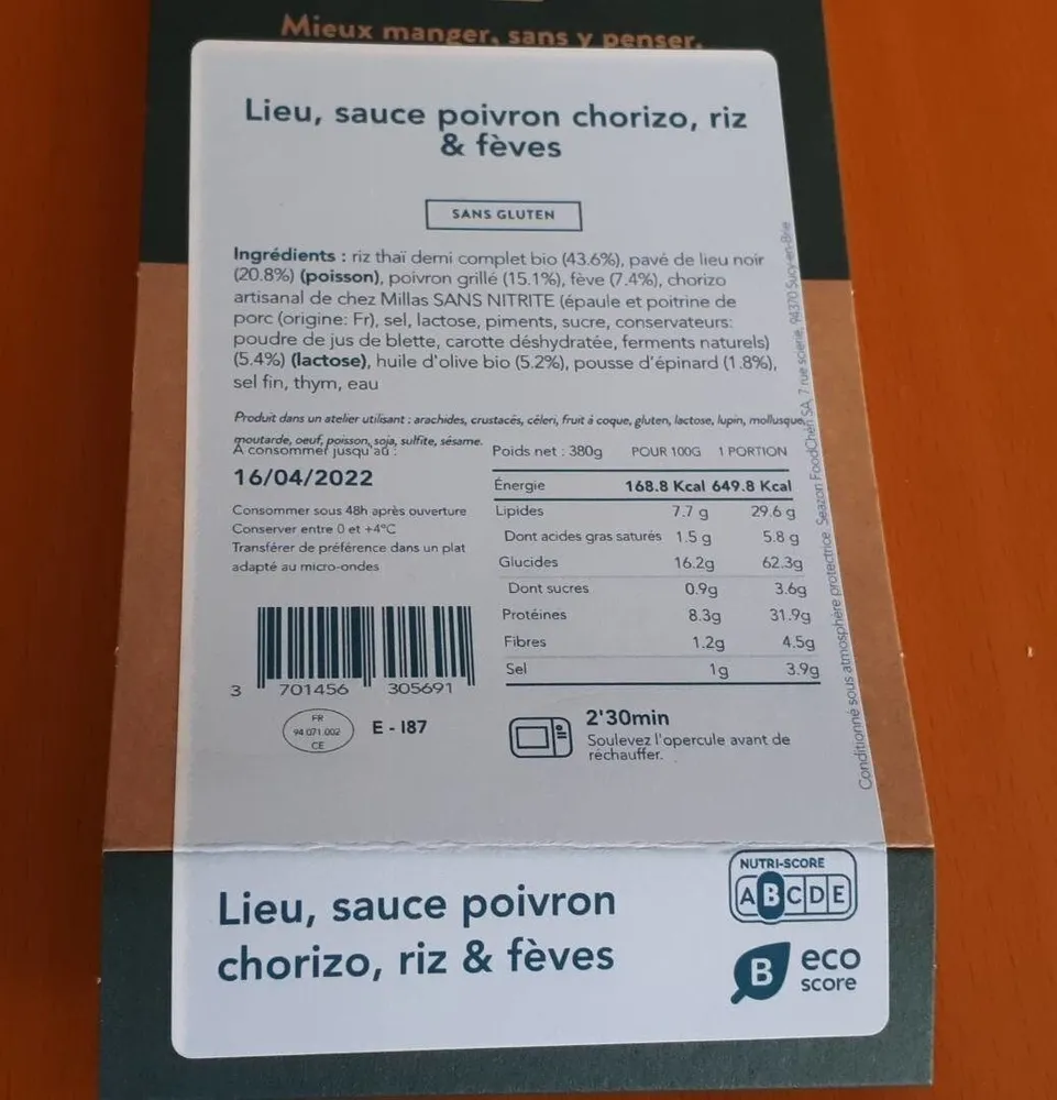 Lieu sauce poivron chorizo riz et fèves