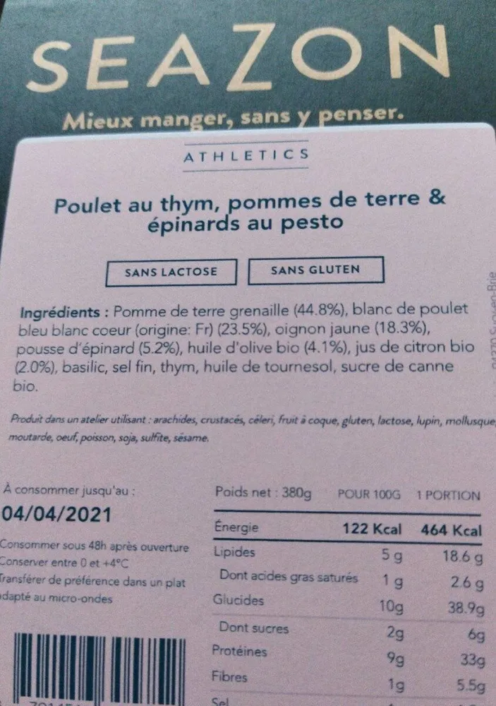 Poulet au thym, pommes de terre épinards au pesto