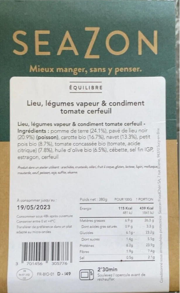 Lieu, légumes vapeur & condiment tomate cerfeuil