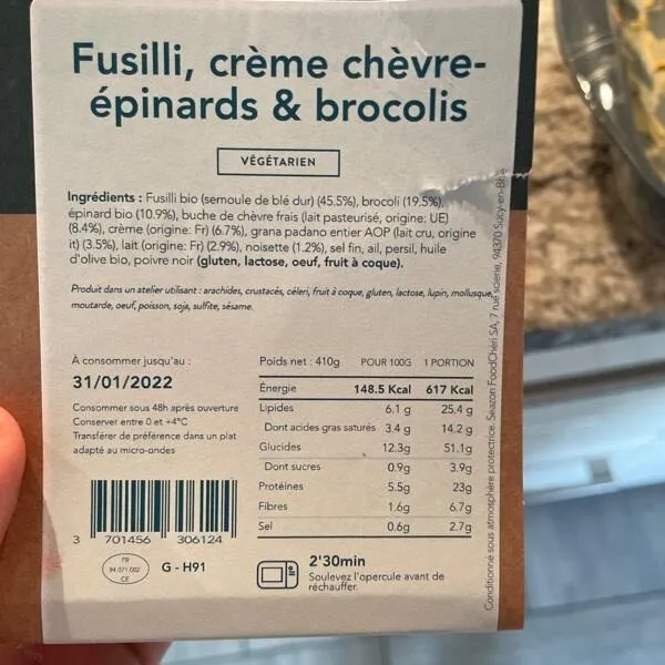 Fusilli épinards  chèvre et brocolis