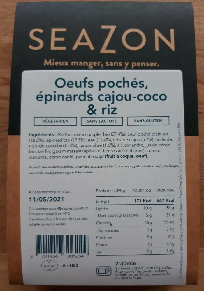 Oeufs pochés, épinards cajou-coco & riz