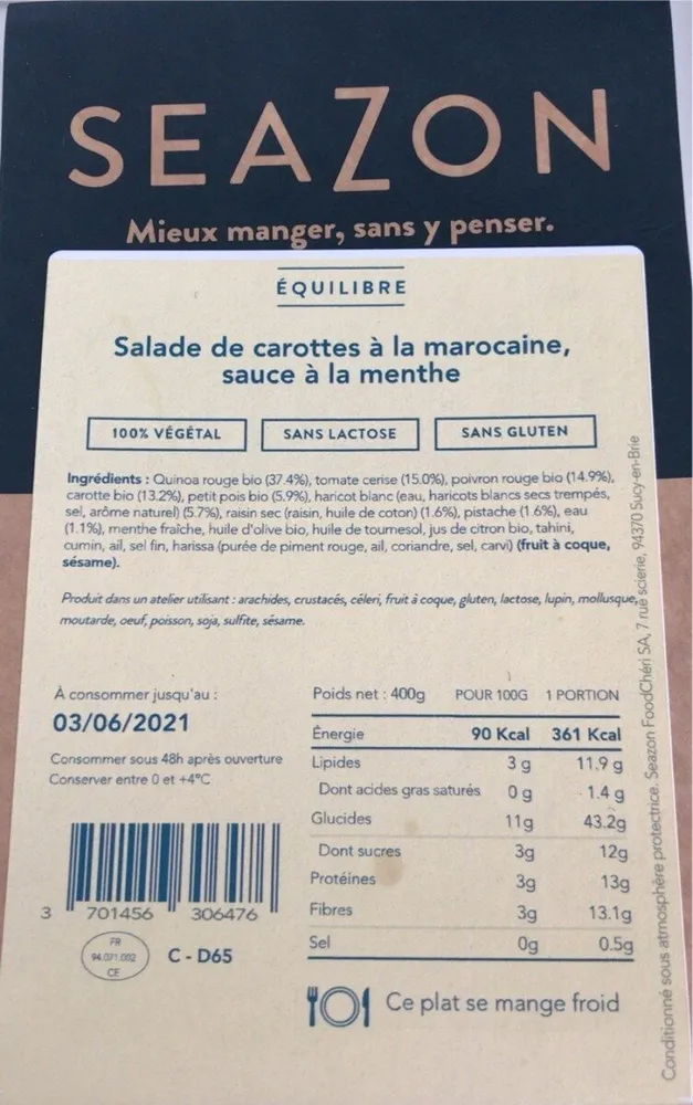 Salade de carottes à la marocaine, sauce à la menthe