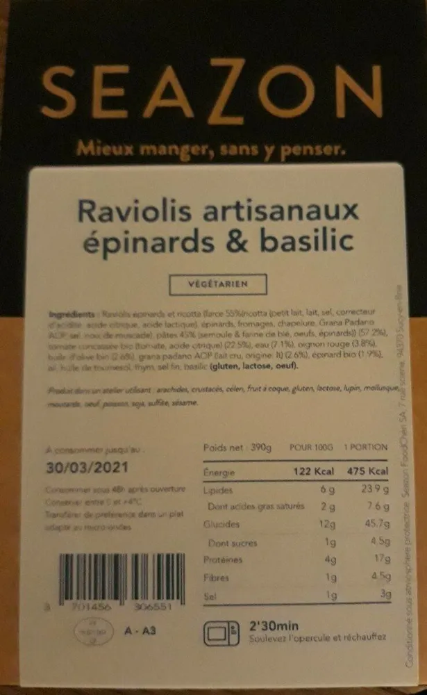 Raviolis artisanaux épinards & basilic