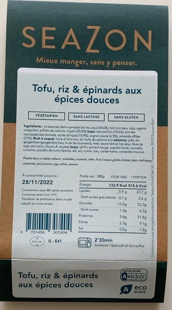 Tofu, riz & épinards au épices douces
