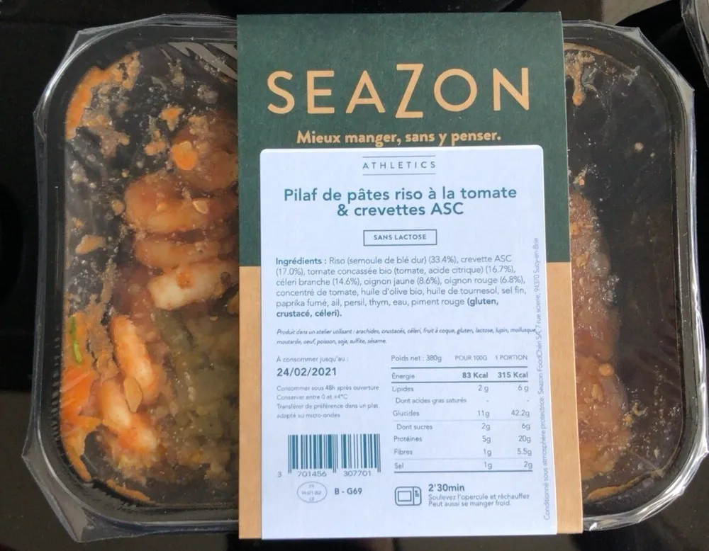 Pilaf de pates riso a la tomate et crevettes ASC