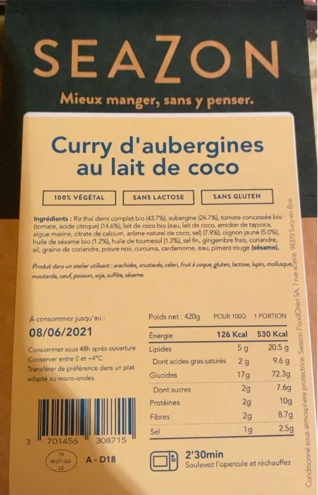 Curry d’Aubergines au lait de Coco