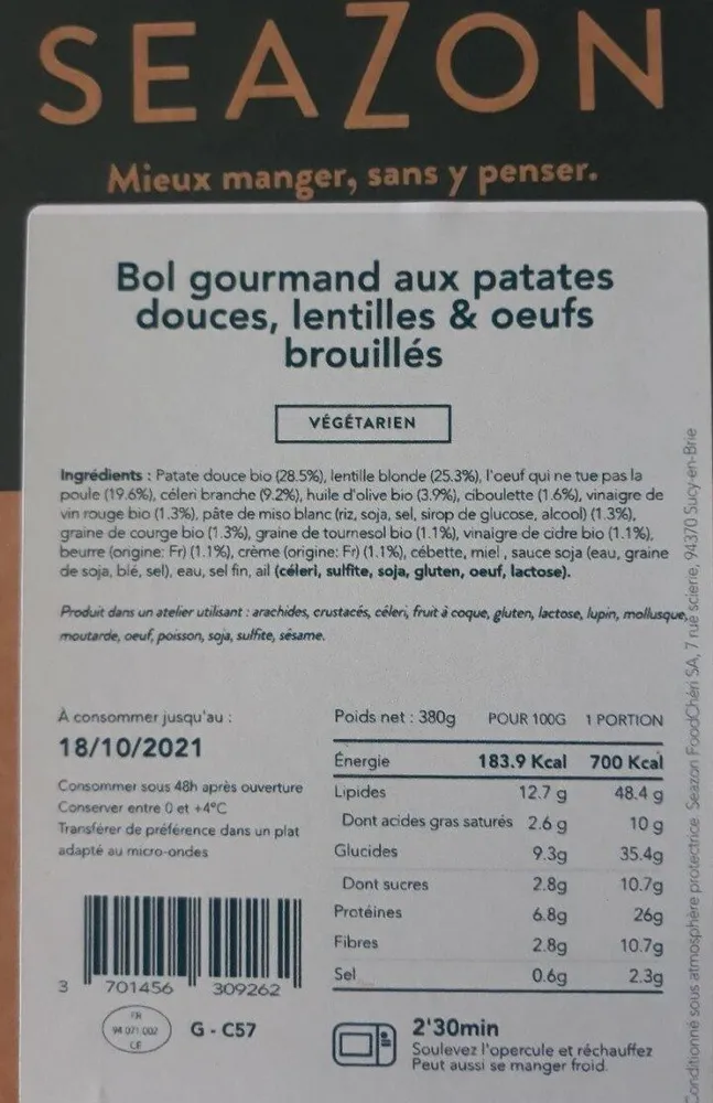 Bol gourmand aux patates douces, lentilles & oeufs brouillés